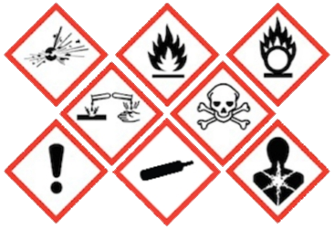 image showing the eight types of Hazardous Material Warning symbols.